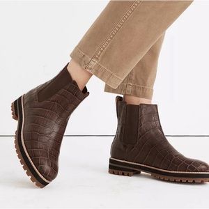 Madewell Ivy Brown Croc Embossed Chelsea Boots Lug Sole Size 8